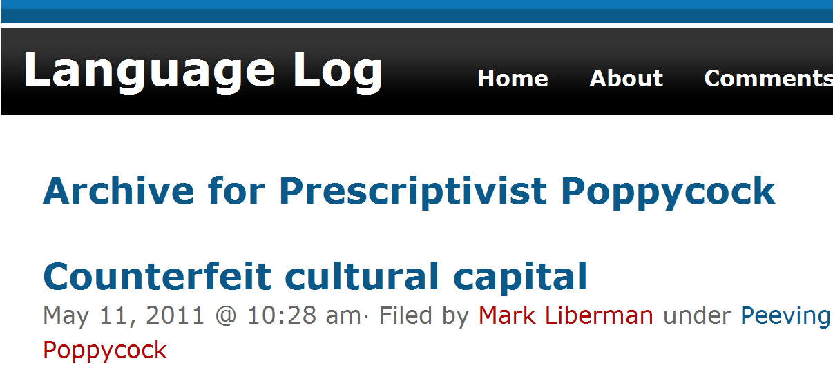 Screenshot of a Language Log page headed “Archive for Prescriptivist Poppycock”.