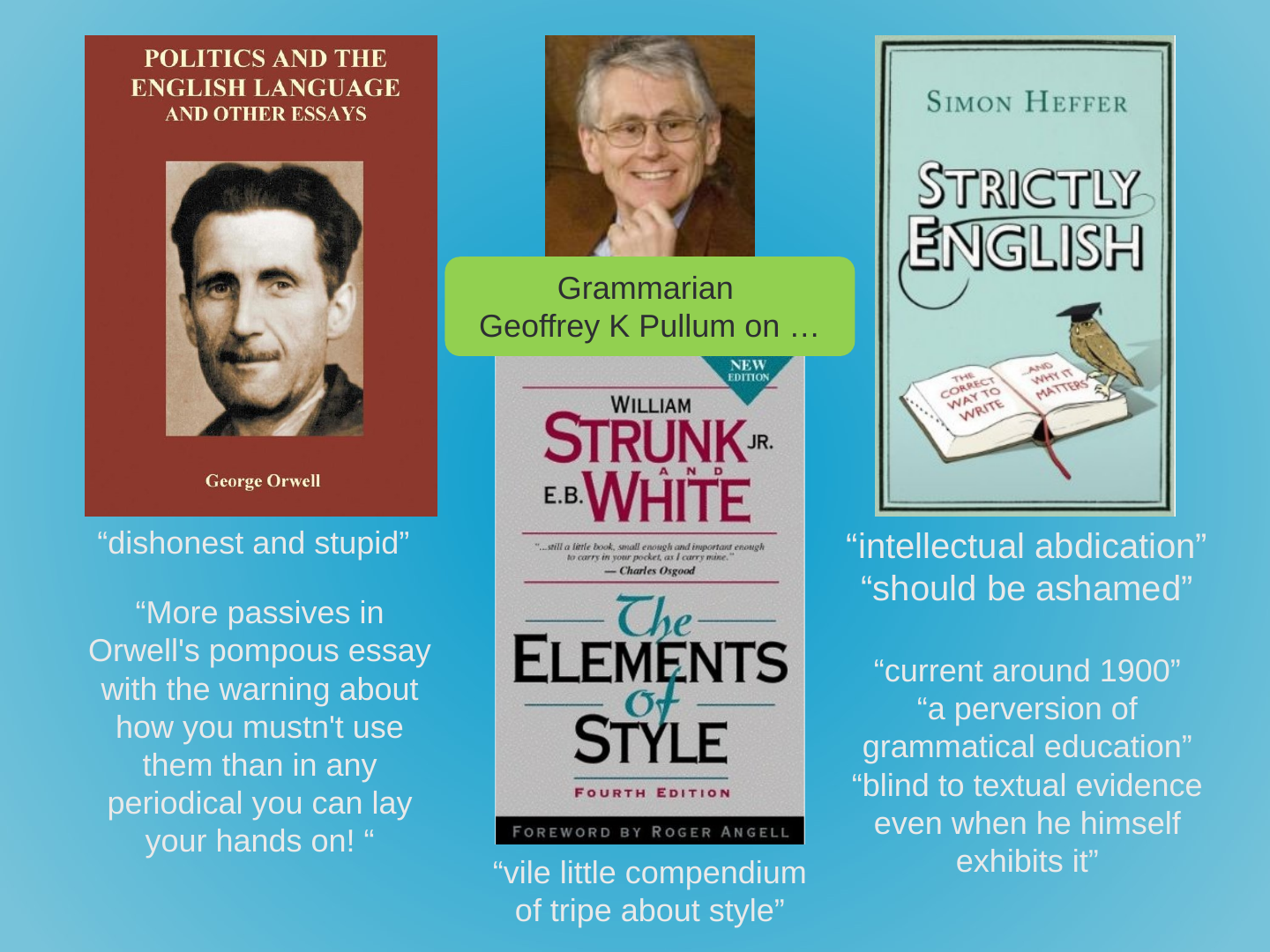 The slide's original page: the covers of “Politics and the English Language” by George Orwell, “The Elements of Style” by William Strunk Jr. and E. B. White and “Strictly English” by Simon Heffer, a portrait labelled “Grammarian Geoffrey K Pullum on …”, and the quoted comments listed beside the books.