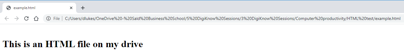 A browser window: a tab titled example.html, an address bar showing a path to a file on the local drive, and the page text “This is an HTML file on my drive”.