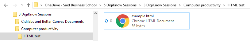 A file-manager window showing the folder “HTML test” with one file, example.html, a Chrome HTML Document of 56 bytes.