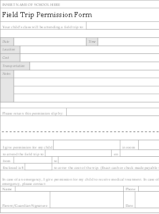 Scan of a blank field trip permission form, cut off at its right-hand edge on the slide, with a dashed cut line above a return slip; transcribed in the text below the image.